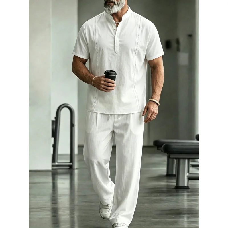 남성 린넨 캐주얼 투피스 세트 반팔 솔리드 라펠 셔츠  - Mens Linen Shirt Long Sleeve 리뷰 및 가격