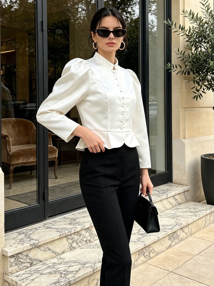 페플럼 블라우스 긴소매 퍼프 숄더 만다린 칼라 버튼 프 - Mandarin Collar Formal Shirt Slim Fit 리뷰 및 가격